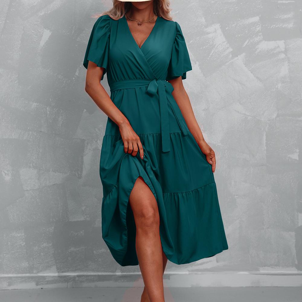 GMXIA Women's Fashion Summer Spring Solid Color Print Short Sleeve V-Neck High Waist Casual Dresses