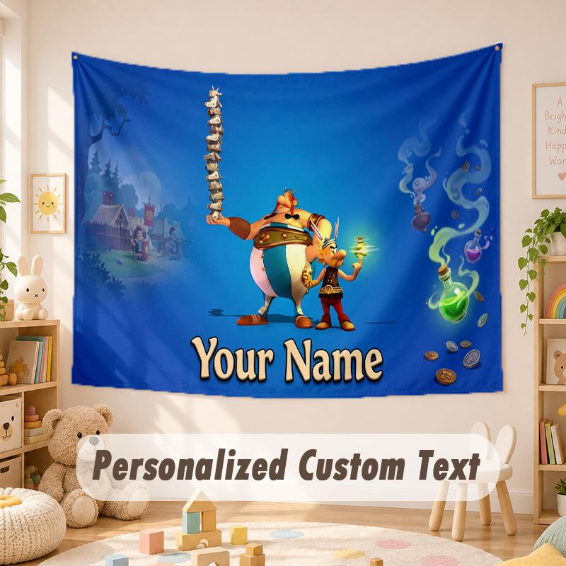 Custom Name Text Tapestry,Asterix & Obelix Boho Wall Hanging, Decorative Backdrop Tapestry For Room