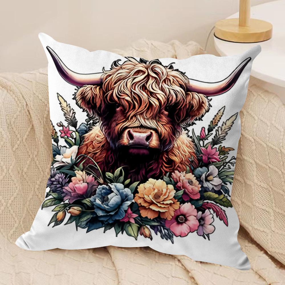 Highland cow and flower Cushion Cover Soft Plush Fabric DoubleSided Printed Cushion Covers for All Seasons Home Decor