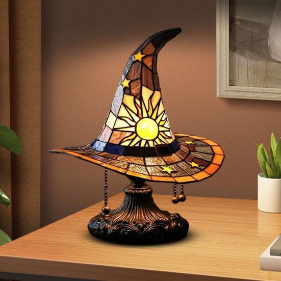 Лампа в виде шляпы ведьмы, витражное стекло, смола, свет в виде шляпы волшебника, жуткая готическая настольная лампа, декоративный торшер для вечеринки в помещении, Хэллоуина с привидениями, спальни