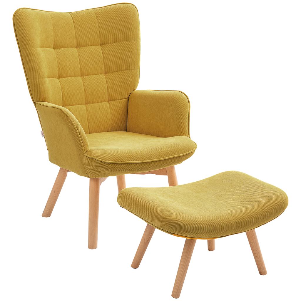 Accent Chair With Ottoman Relax Chair In Corduroy Look Armchair With Wooden Legs For Living Room Orange