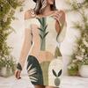 Women Plus Size One Shoulder Long Sleeve Abstract Leaf Printed Bodycon Mini Dress