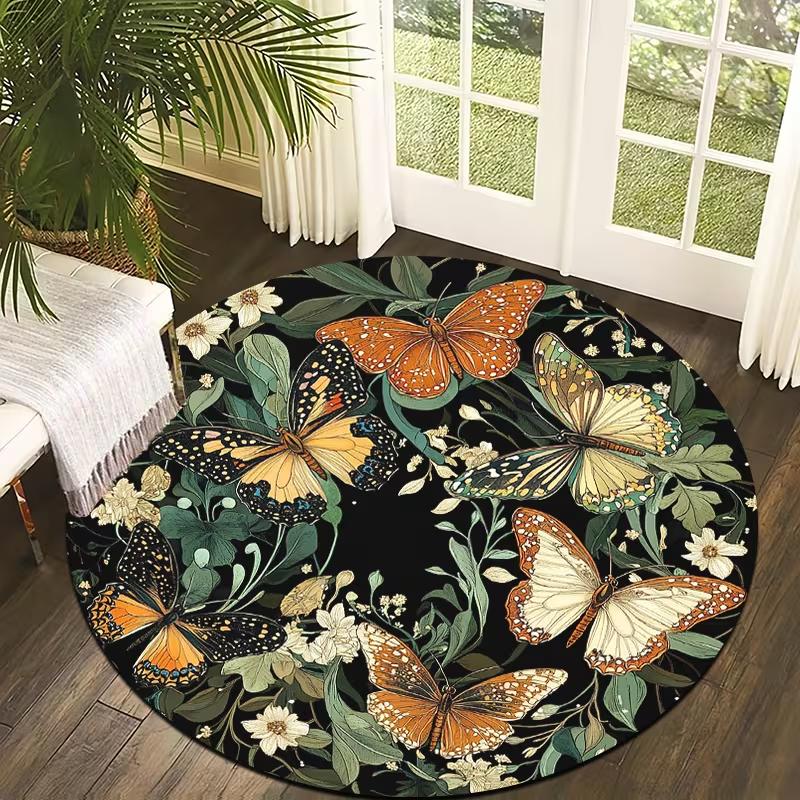Celestial Moon Butterfly Round Rug Starry Floral Circular Mat Non Slip Soft Carpet Mystical Boho Decor for Living Room Bedroom
