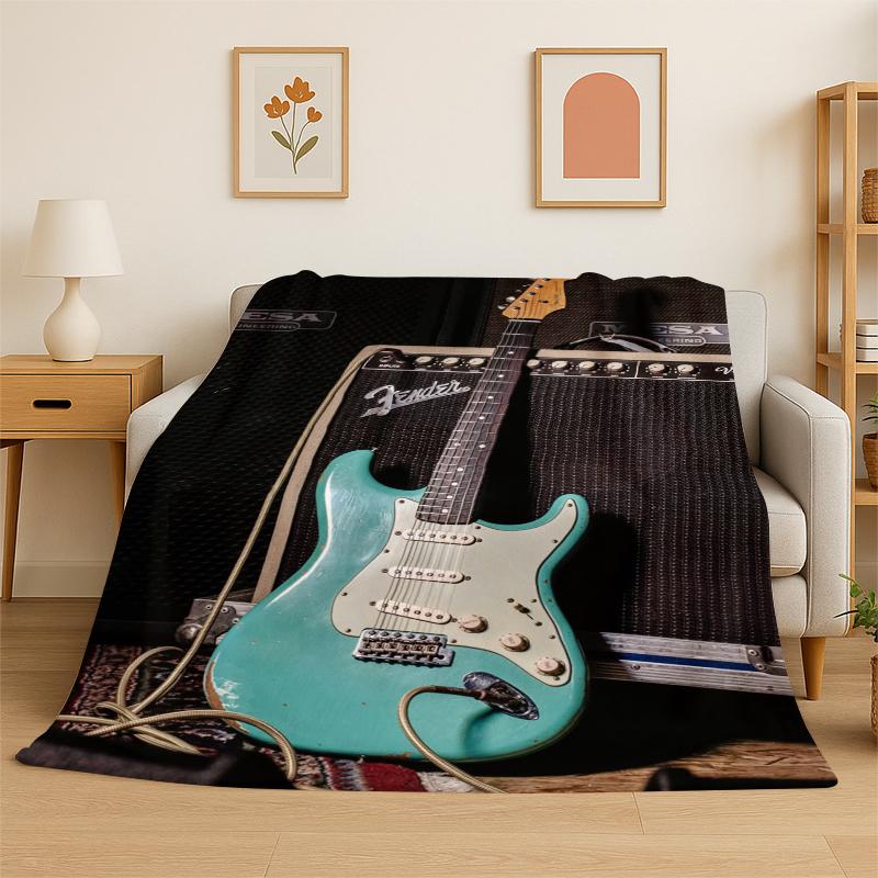 Retro Fender Logo Guitar Instruments Music Flannel Blanket Soft Warm Throw Blanket for Bedroom Living Room Bed Travel Picnic