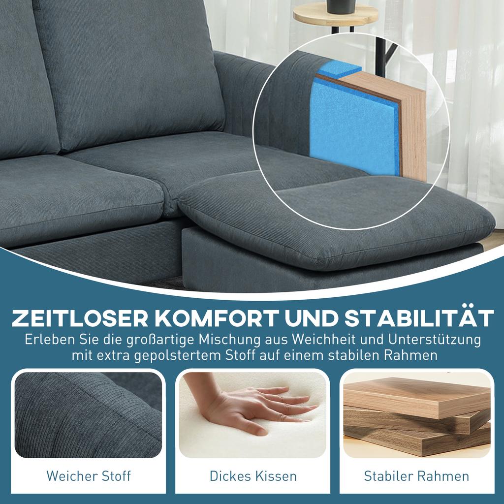 Corner Sofa, 3-Seater Sofa with Footstool, Fabric Cover, L-Shaped Couch Set, Dark Grey