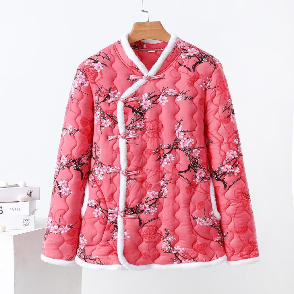 Women's Winter Floral Padded Coat, Chinese Style Frog Button Loose Long Sleeve Warm Cotton Outerwear Multi Colors