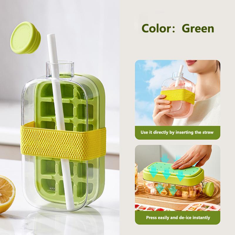 Ice Cube Tray Bottle With Lid No Touch No Spill Freezer Ice Tray With Straw Cable Tie Mold Reusable Food Grade Ices Maker Gadget
