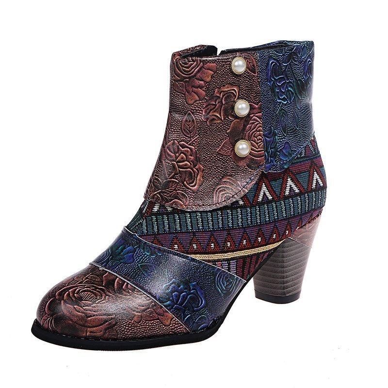 Fashion Vintage Leather Women Boots Bohemian New Female Retro Printed Buckle Soft Zipper Ankle Boots Women Botines Mujer Botas Feminino