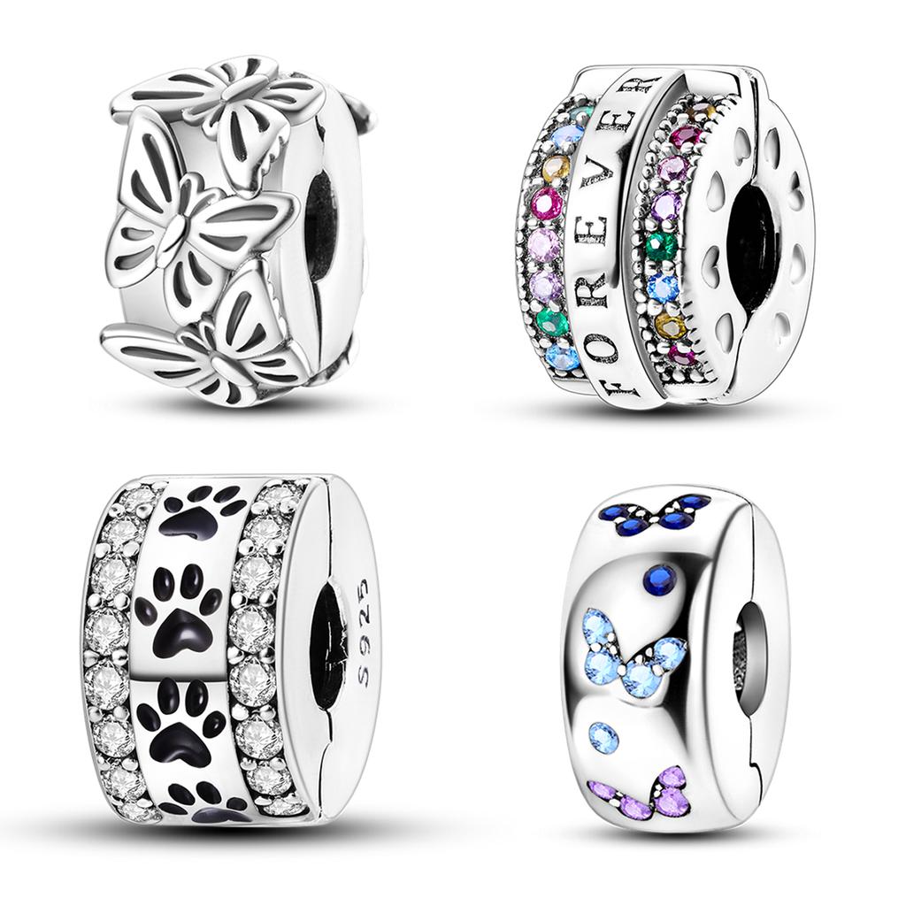 925 Silver Clasp Colorful CZ pave paw Print Clip Charms Butterfly Beads Stopper Fit Bracelet Jewelry Clips