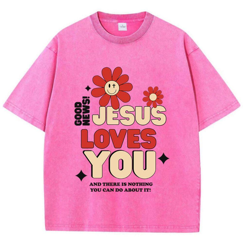 Woman Cotton Washed T-Shirts Good News Jesus Loves You Letter Graphic Print Short Sleeve Loose O-Neck Tops Summer Female Clothes