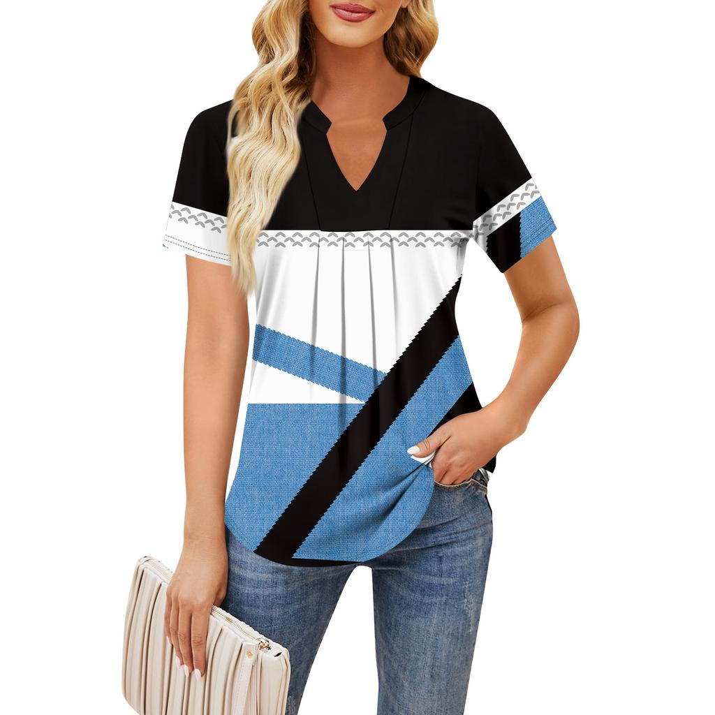 Women's Short Sleeve Casual V-neck Chest Pleated Printed Loose T-shirt Top