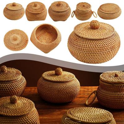 Круглая ротанговая коробка с крышкой, плетеная вручную, многоцелевая, настольная, для хранения, украшения хлеба, корзина для еды, поднос для пикника Q4R4