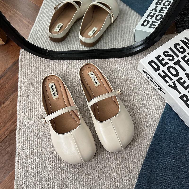 Французские ins сумка голова полутапочки женские летние корейская версия круглый носок мягкая кожа плоская подошва универсальные бабушкины туфли танкетка