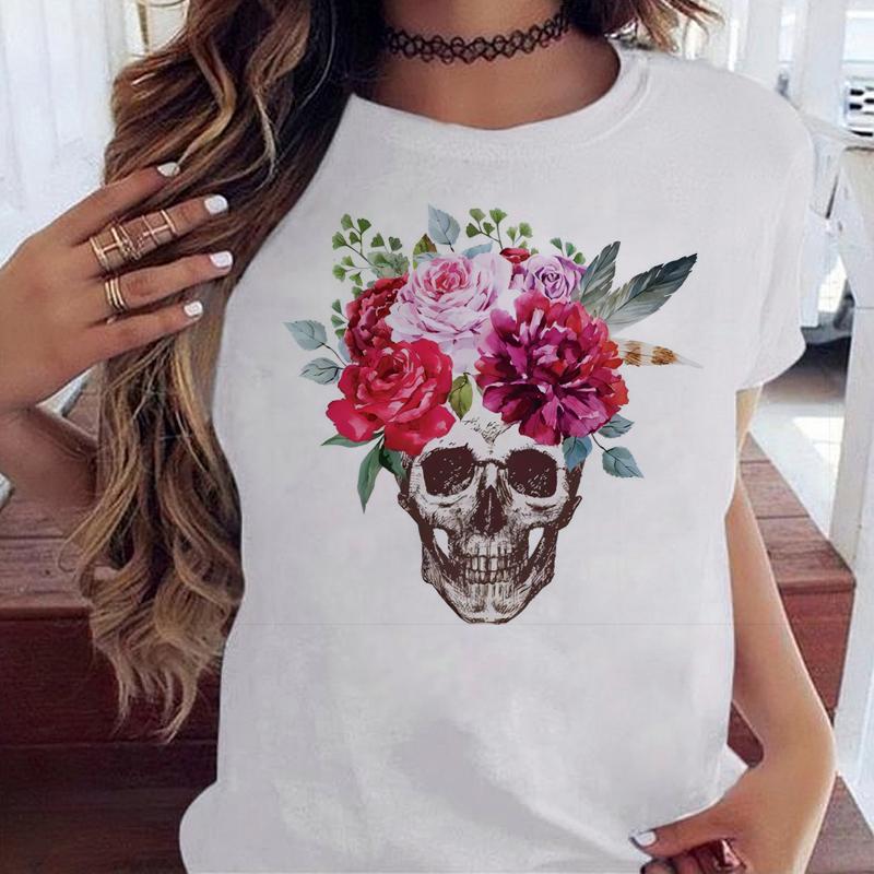 Maycaur Fashion Skull Flower Print Женская футболка Летняя повседневная женская футболка с коротким рукавом и круглым вырезом в стиле 90-х годов, женская футболка, топы