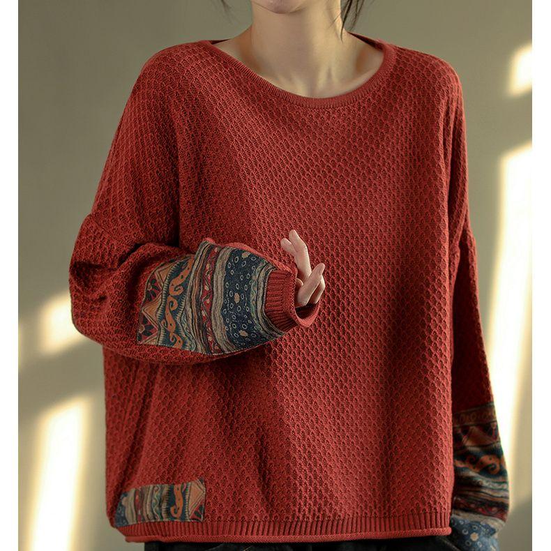 Осень-зима женский ретро национальный стиль аппликация хлопковая нить вязаный свитер свободный литературный круглый вырез пуловер топ