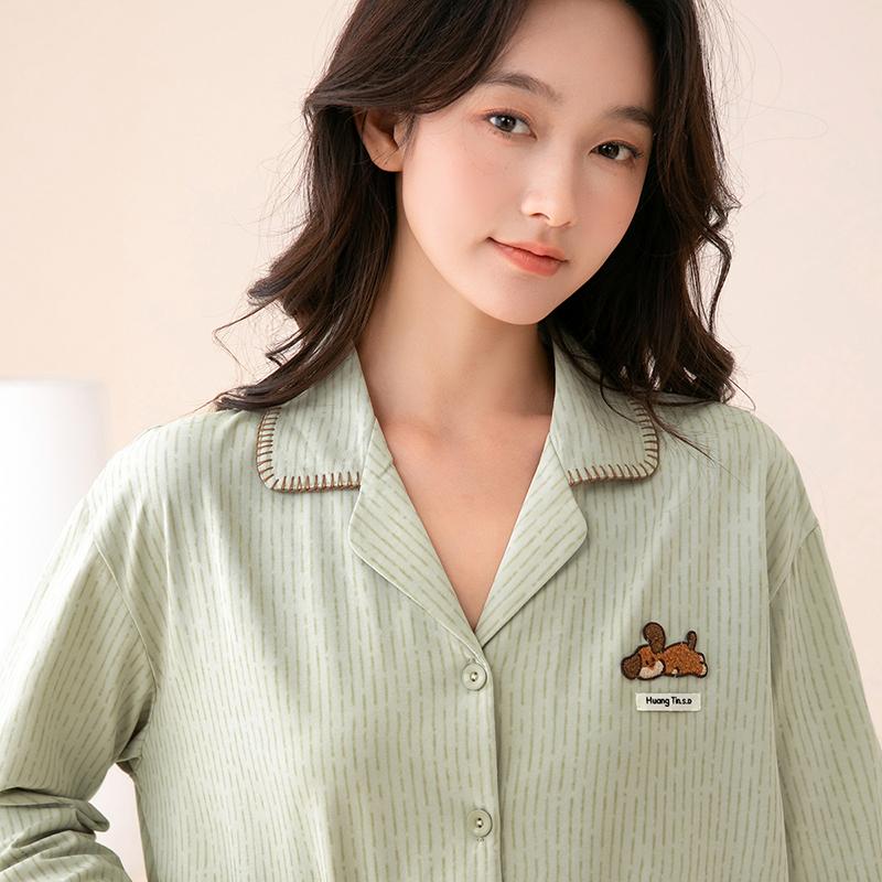 Fenteng [100% pure cotton] skin friendly spring and summer pajamas for women, lapel cardigans, long sleeved home clothes set, cute