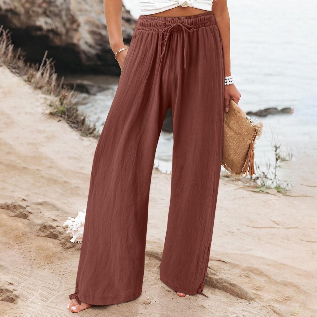 Women's 9-pant Casual Loose High Waist Cotton Linen Wide Leg Long Pants With Pockets