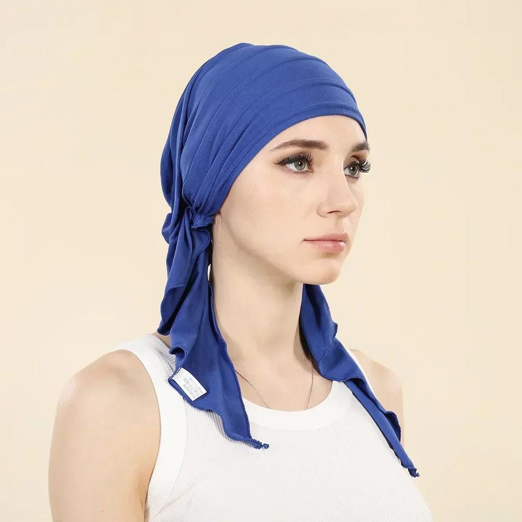 New Shimmer Pre-Tied Hat Women Muslim Hijab Turban Long Tail Headscarf Beanies Bonnet Hair Loss Chemo Cap Head Wrap Bandanas