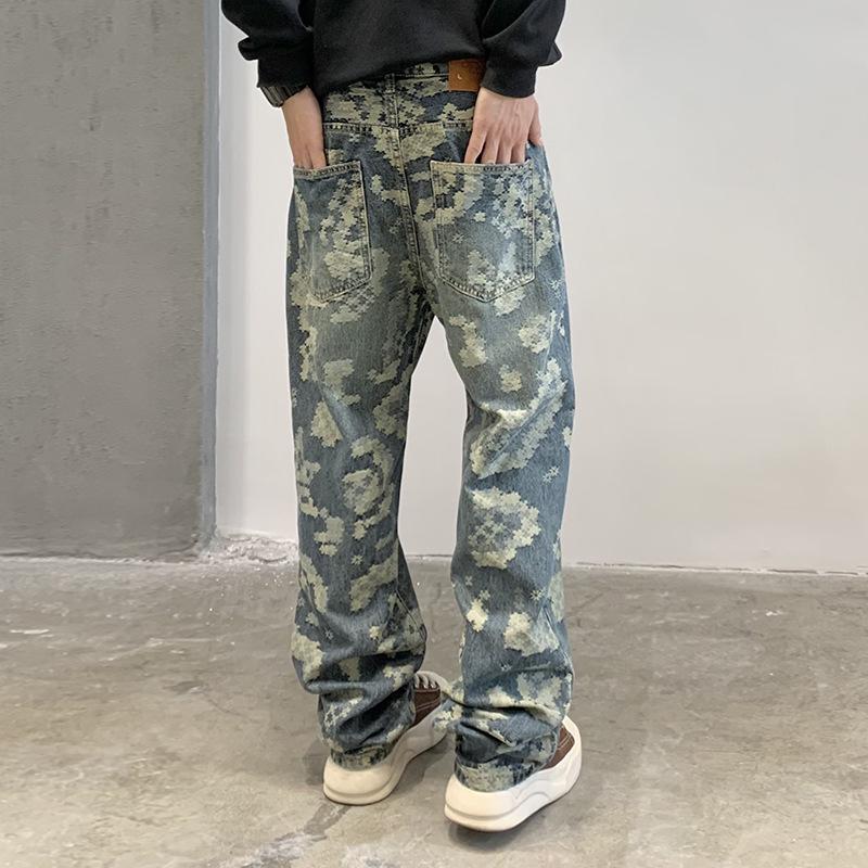 Men's Retro Jacquard Loose Straight-Leg Jeans - Trendy American High Street Style Casual Pants