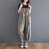 Loose Jeans Jumpsuit Women Casual Oversized Baggy Pants Big Pockets Flower Print Denim Overalls Straps Rompers