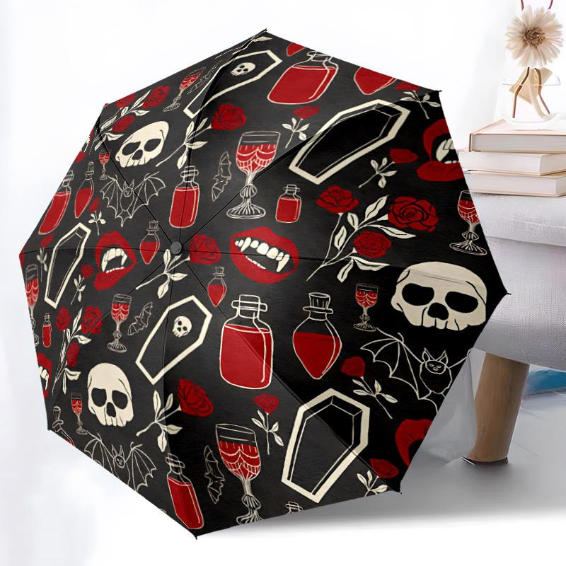 1pc Vampire Gothic Automatic Umbrella - 8-Rib Portable Folding Black Iron Frame for Outdoor, Beach, Travel, Beach Umbrella,104
