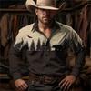 Western Style Men's Long Sleeve Shirt With Deer Landscape Print, Casual Fashion