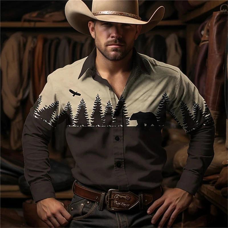 Western Style Men's Long Sleeve Shirt With Deer Landscape Print, Casual Fashion