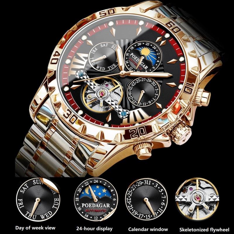 Новый стиль дизайна, импортные механические часы с автоматическим механизмом, мужские часы с шармом и доминированием с фазой солнца и луны, скелетонизированный маховик, мужские часы