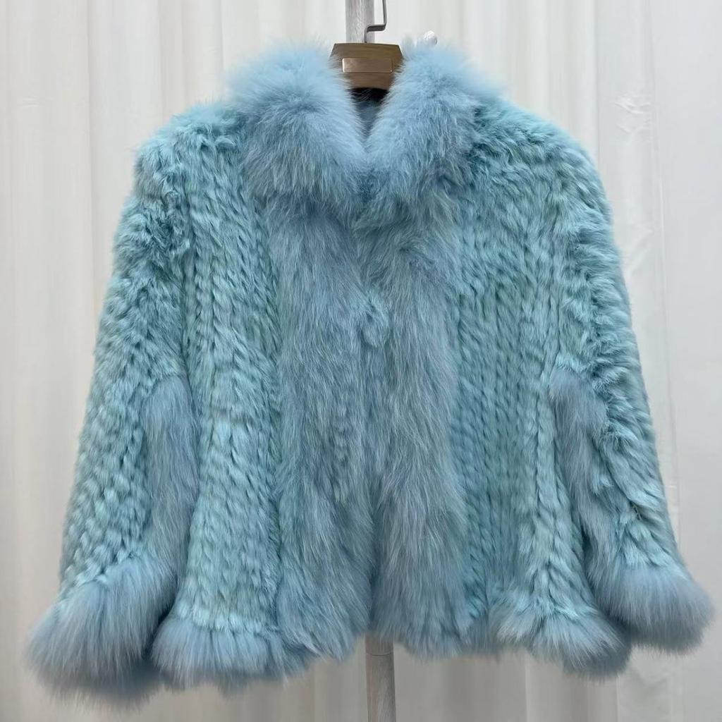 Real Rabbit Fur Braided Coat for Women Short Style Young Coat Fox Fur Bat Sleeve Shawl