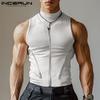 Summer Men Mockneck Sleeveless Zipper Up Rib Tank Tops Slim Racerback T-shirts