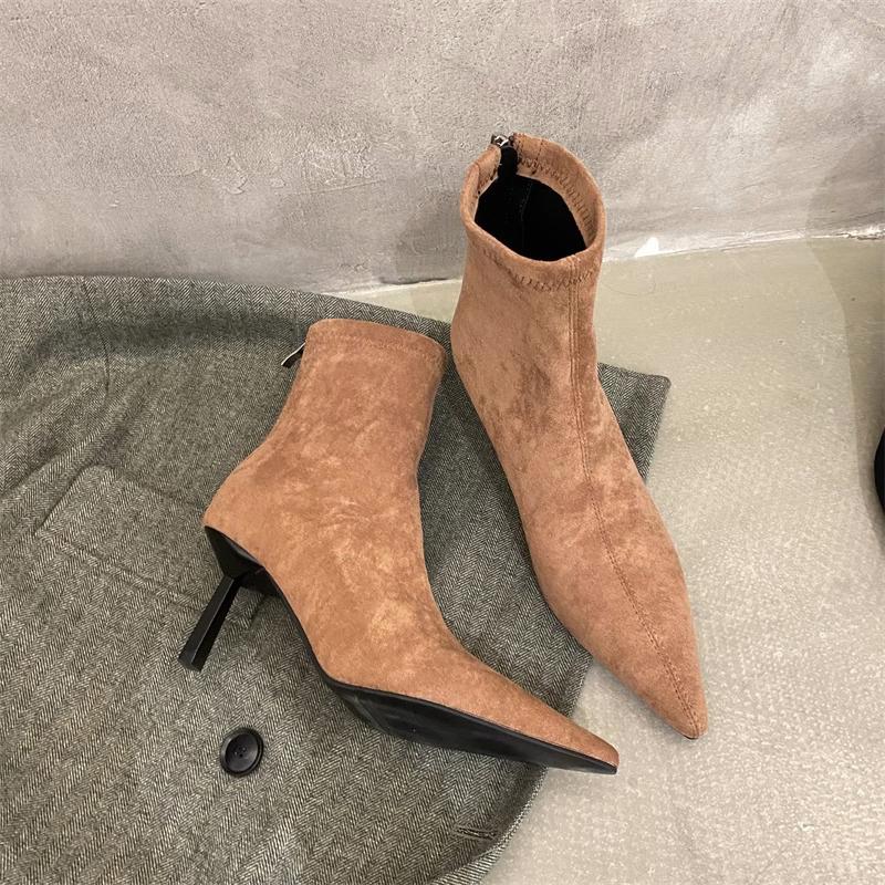 Осенние ботильоны на высоком каблуке, эластичные, облегающие, женские, осенние, элегантные, с острым носком, короткие ботильоны для женщин