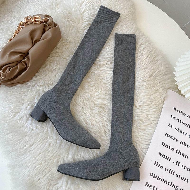 Обувь Носок бедра Высокие женские сапоги выше колена Туфли для женщин Эластичный средний каблук Водонепроницаемый тренд 2024 Gyaru Boot