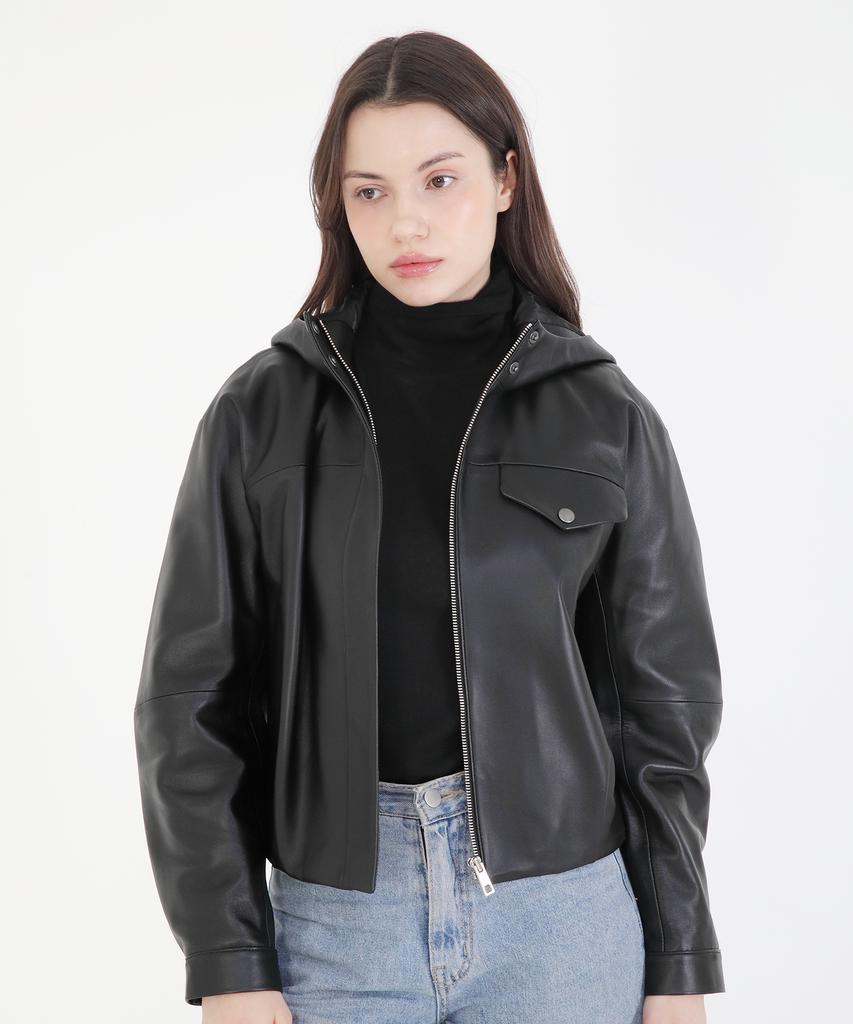 COLORZ NEW YORK Hooded Leather Crop Jacket_Bk