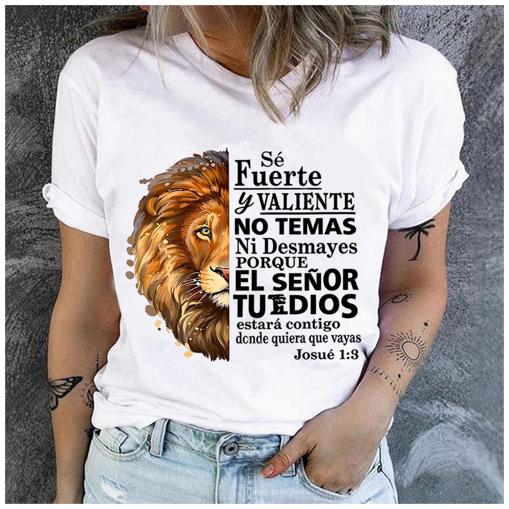 men Women's Polyester 100% The Lion Bible Print T-shirt Loose round Neck Casual Short Sleeve Fashion Top Clothing Summer