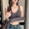 Women Vest V-Neck Sleeveless Padded Underwear Vest Solid Color Lace Trim Elastic Bottom Vest Winter Daily Wear