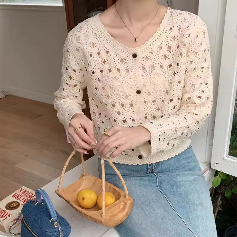 Топ крючком с длинным рукавом для женщин, прозрачная кофта-кардиган на пуговицах, ажурная вязка, весенне-летняя одежда в стиле бохо для отпуска