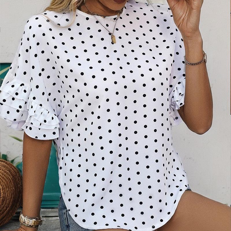 YYFS Женские модные повседневные летние весенние блузки и рубашки в горошек с короткими рукавами и круглым вырезом