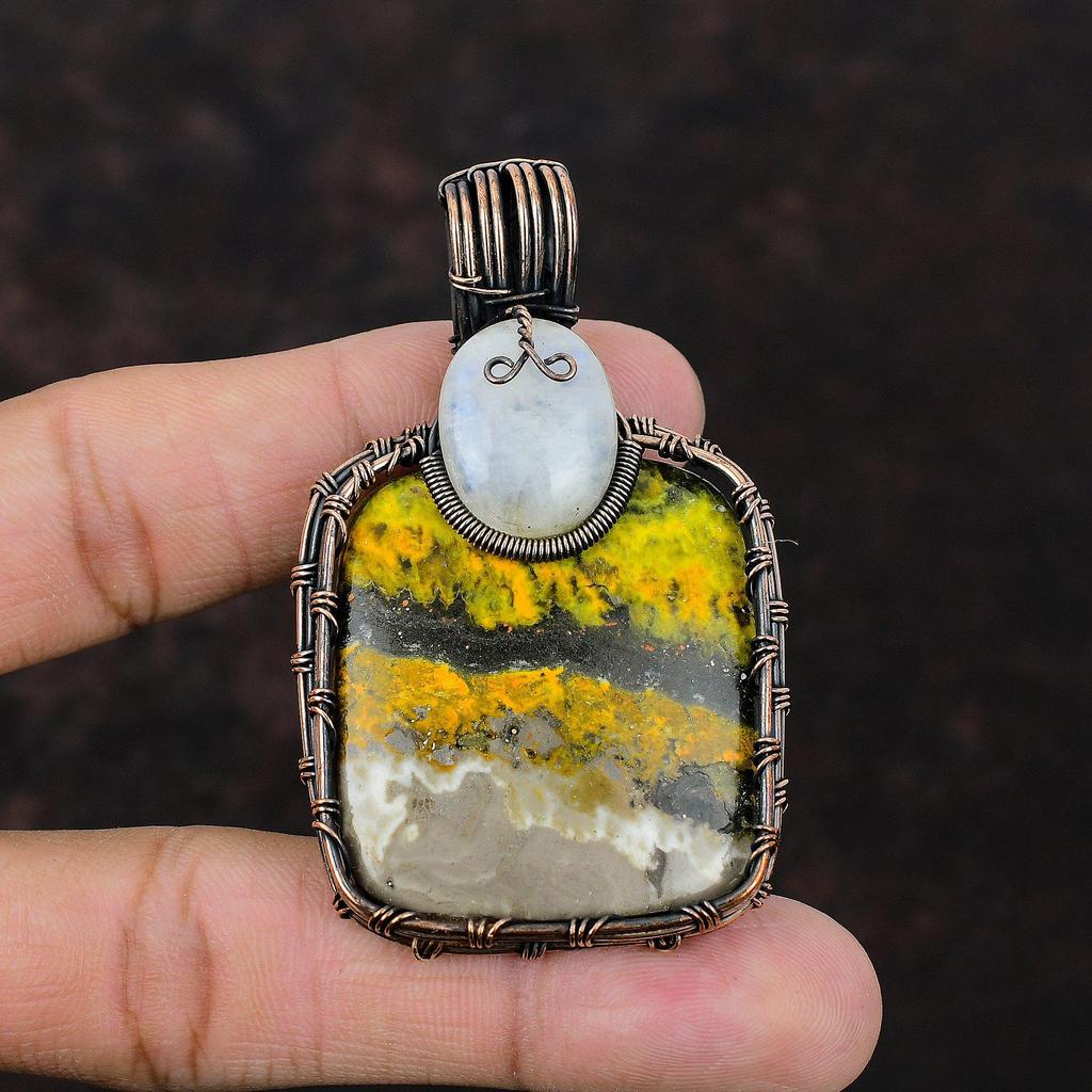Bumble Bee Jasper Copper Pendant Copper Wire Wrapped Gemstone Jewelry Rainbow Moonstone Pendant Handmade Pendant Wire Wrap Jewelry For Gift