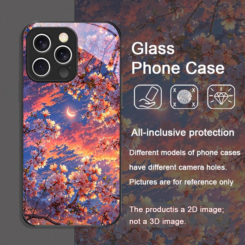 Закаленное стекло с рисунком Луны и Цветения вишни для телефона iPhone 17 16 Pro Max 15 14 13 12 11 Mini XS XR 7 8 Plus Защитный чехол