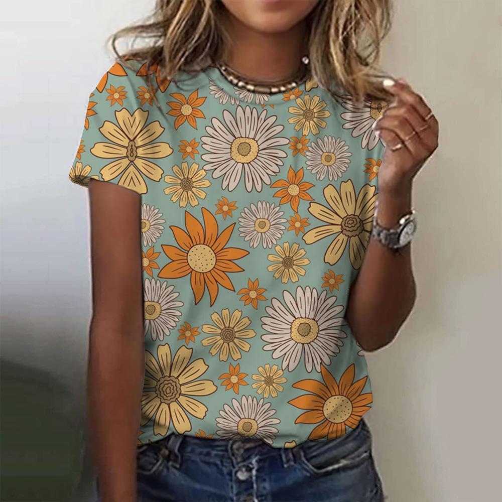 Women's T-shirt 3D Digital Printed Women's Round Neck Top with Colorful Floral Print