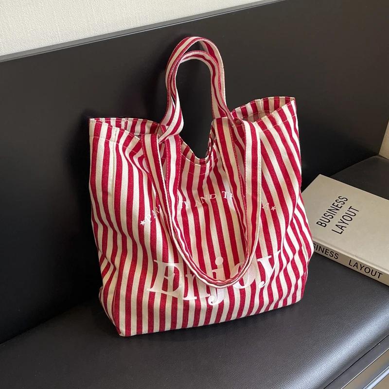 Полосатая холщовая сумка через плечо с буквенным дизайном, вместительная, повседневная, минималистичная и универсальная