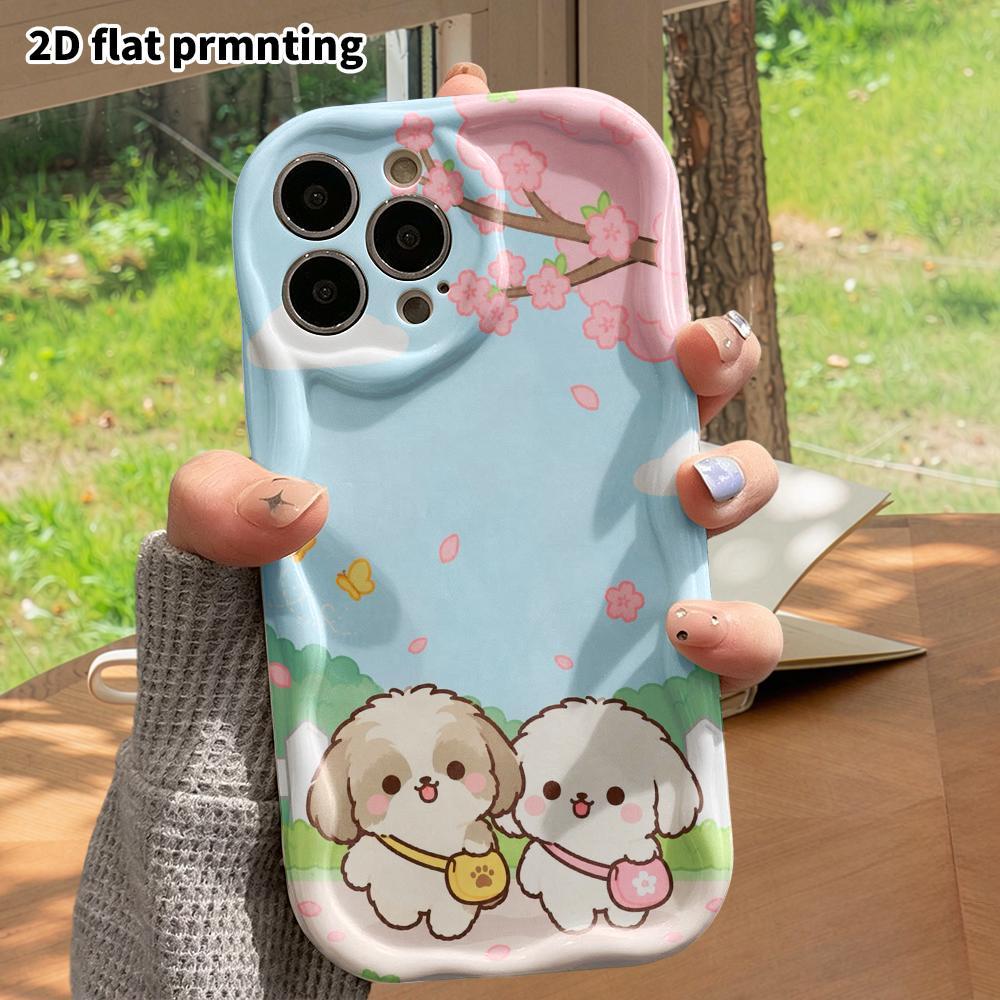 Phone Case: 2D flat design suitable for iPhone 18 17 16 15 14 13 Pro protective case, cherry blossom puppy, perfect Christmas and Halloween holiday gi