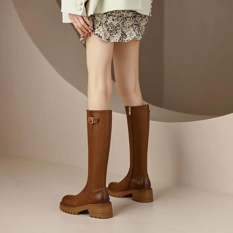 Модные женские ботфорты в британском стиле, осенние, на высоком каблуке, с боковой молнией, ретро, на массивном каблуке, до колена, женская обувь, zapatillas mujer