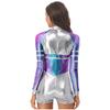 S-3XL Ladies Space Party Jumpsuit Alien Robot Design Metallic Shiny Contrast Color Long Sleeve Back Zipper Bodysuit for Halloween Cosplay