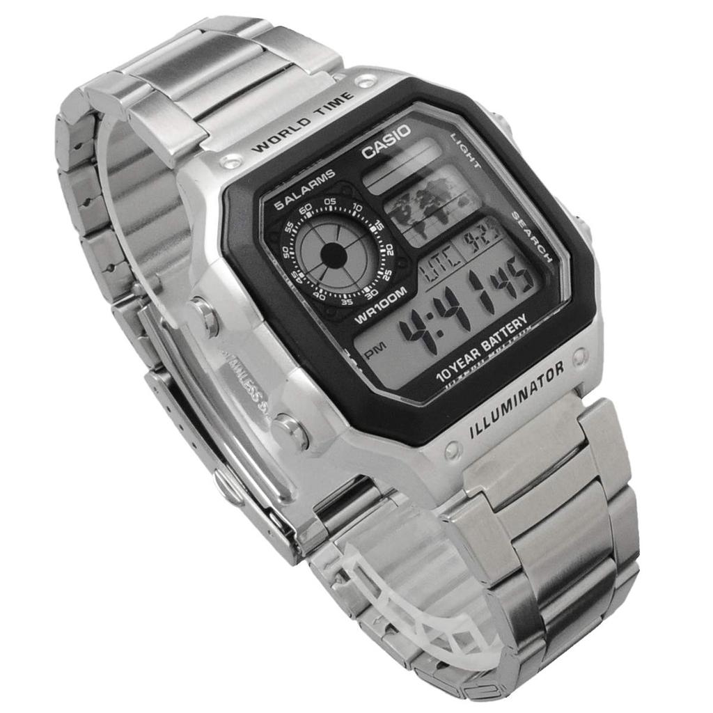 Casio Мужские цифровые часы с мировым временем AE-1200WHD-1AV, серебристый металлический браслет, международная модель, параллельный импорт