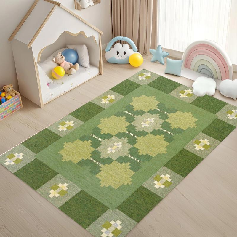 Boho Green Geometric Kids Area Rug Vintage Kilim Print NonSlip Floor Mat for Playroom Nursery Living Room Cute Home Decor