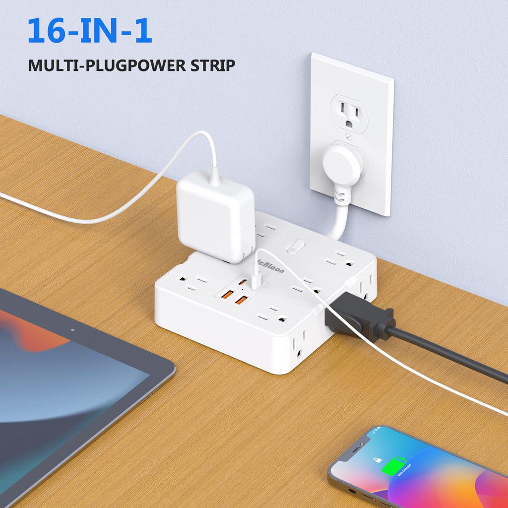 US Plug Power Strip Extender with 12 AC Outlets 4 USB Ports(2 Type-C) Fast Charge,Home Electrical Wall Socket Splitter,1875W 15A