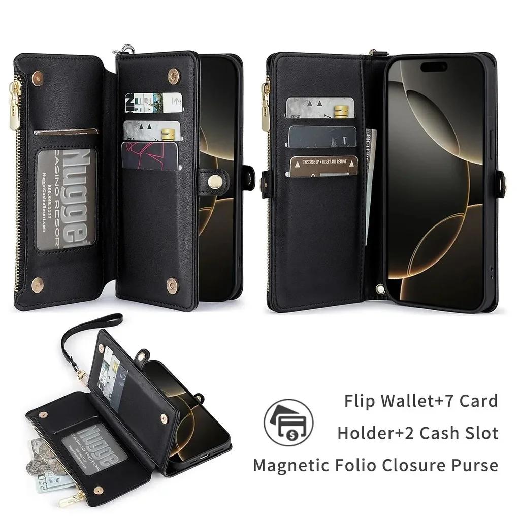 Long Strap Crossbody Leather Case For Google Pixel 10 Pro XL Pixel 9 Pro 9A 8 8A 7 7A 6 6A Zipper Wallet Card Stand Phone Cover