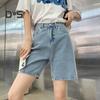 Женские джинсы длиной до колена, прямые джинсовые шорты с высокой талией, застежкой-молнией и пуговицами в стиле ретро, однотонные свободные женские джинсовые шорты, повседневные короткие брюки