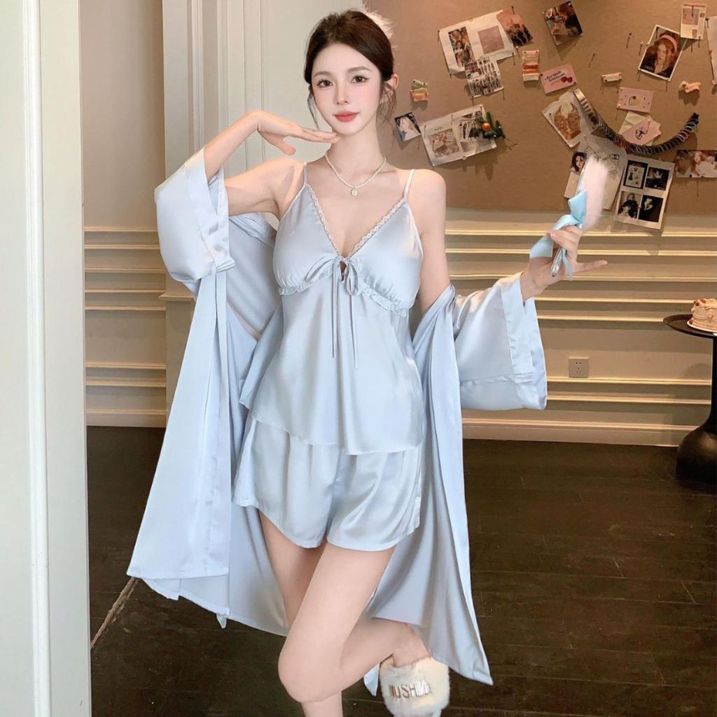 Summer sexy V-neck suspender shorts pajamas three-piece women's sweet ice silk cool loungewear ins style